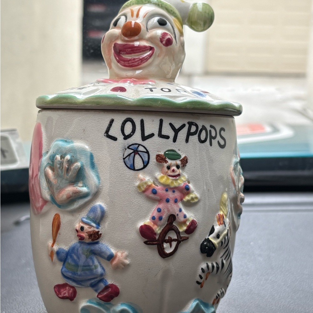 Colorful VINTAGE 1950’s Clown Lollipop Jar
MADE IN JAPAN